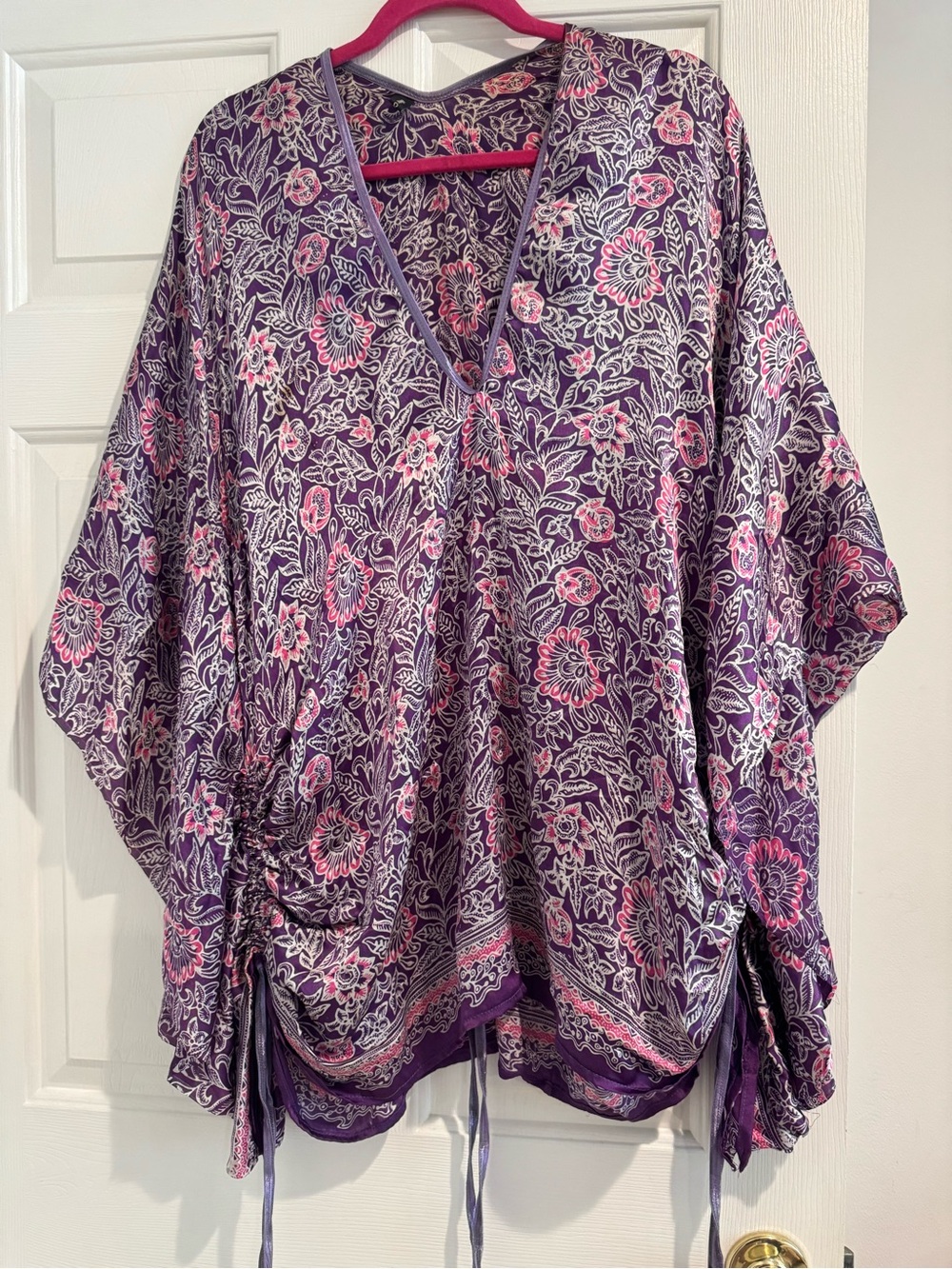 Silk Purple Floral V-Neck Boho Tunic with Pink Accents from Hawaii